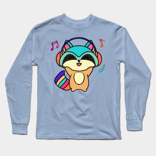 Happy smiling baby raccoon with headphones. Kawaii cartoon Long Sleeve T-Shirt